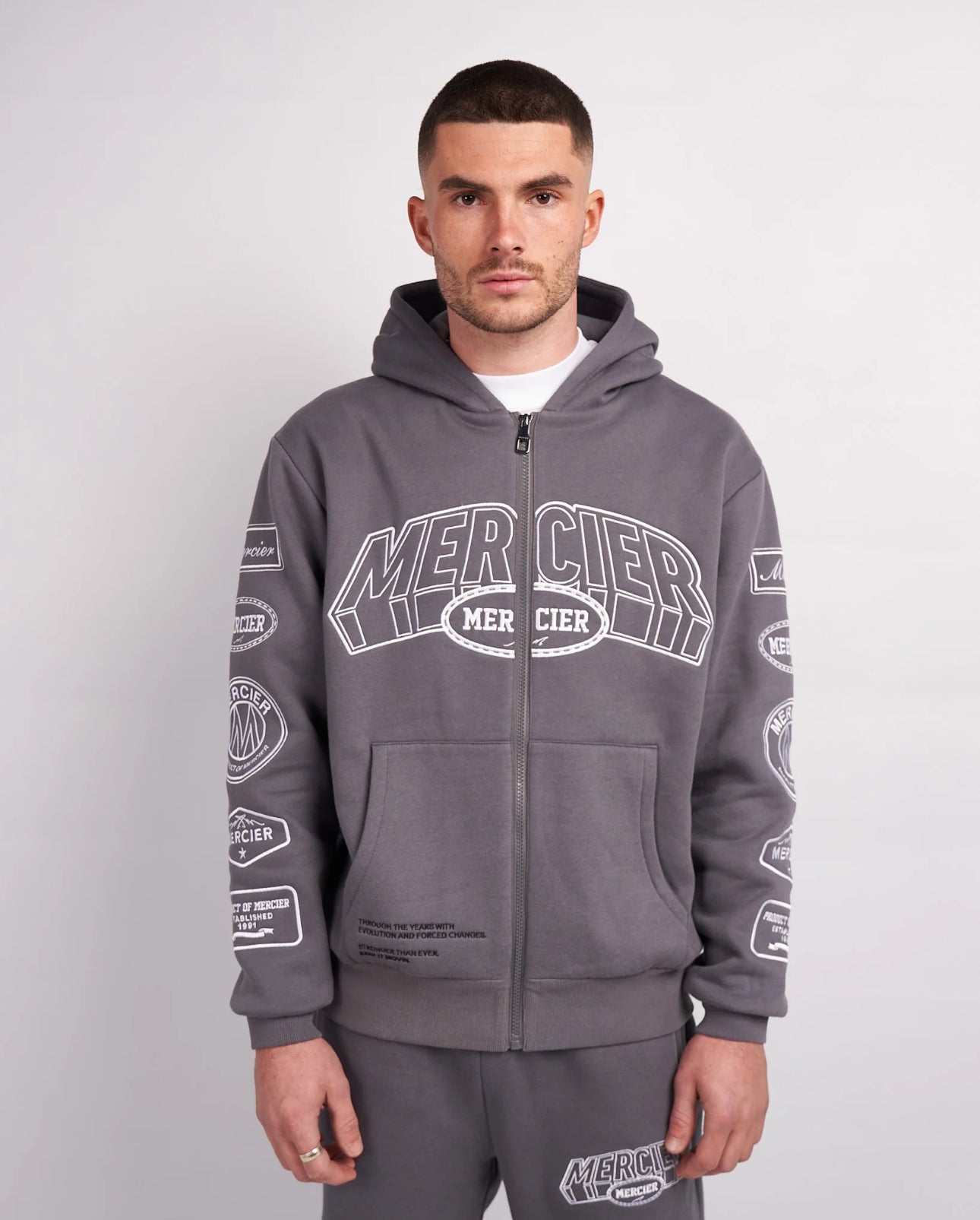 Mercier Steel Grey White Compton Zip Up Hoodie
