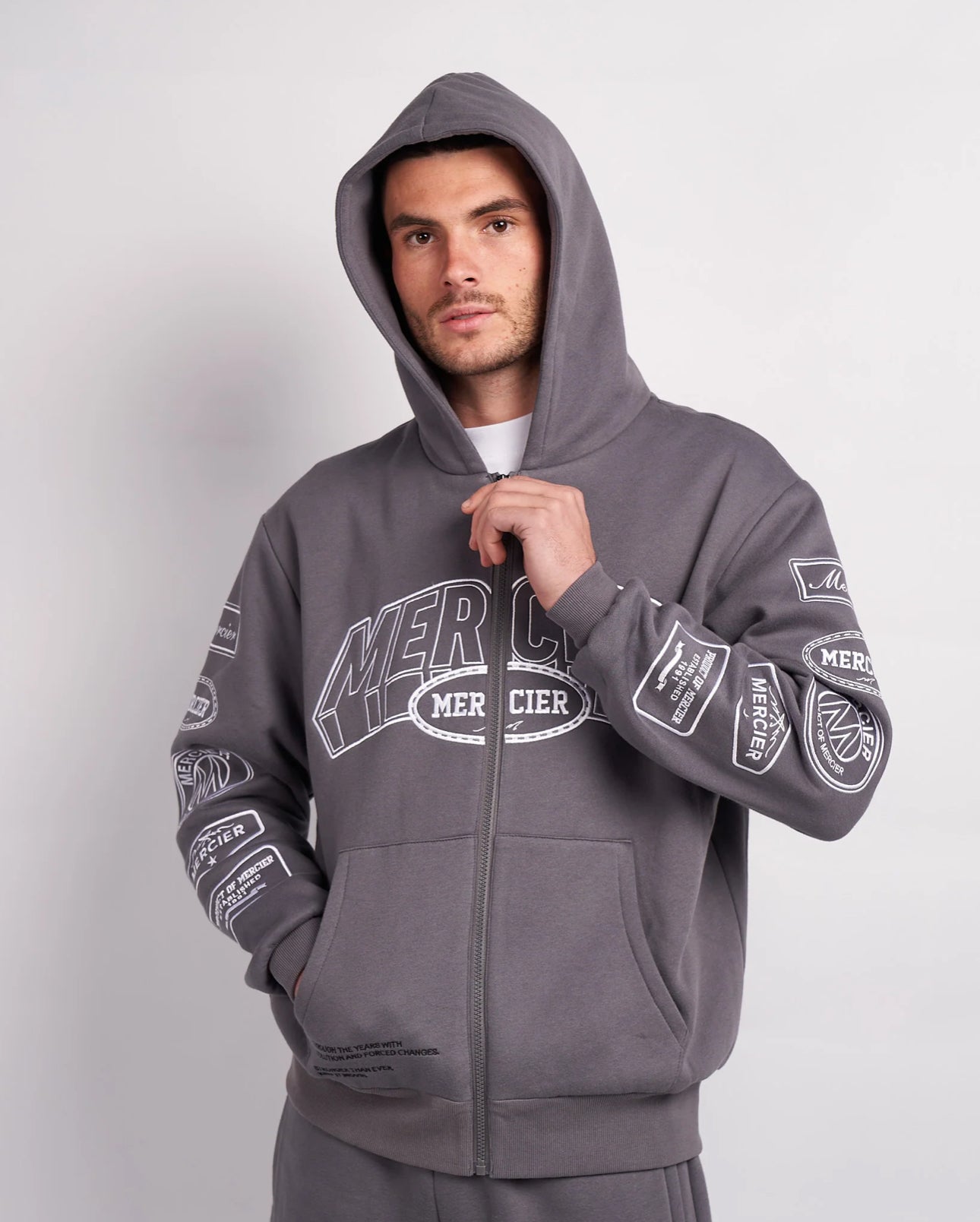 Mercier Steel Grey White Compton Zip Up Hoodie
