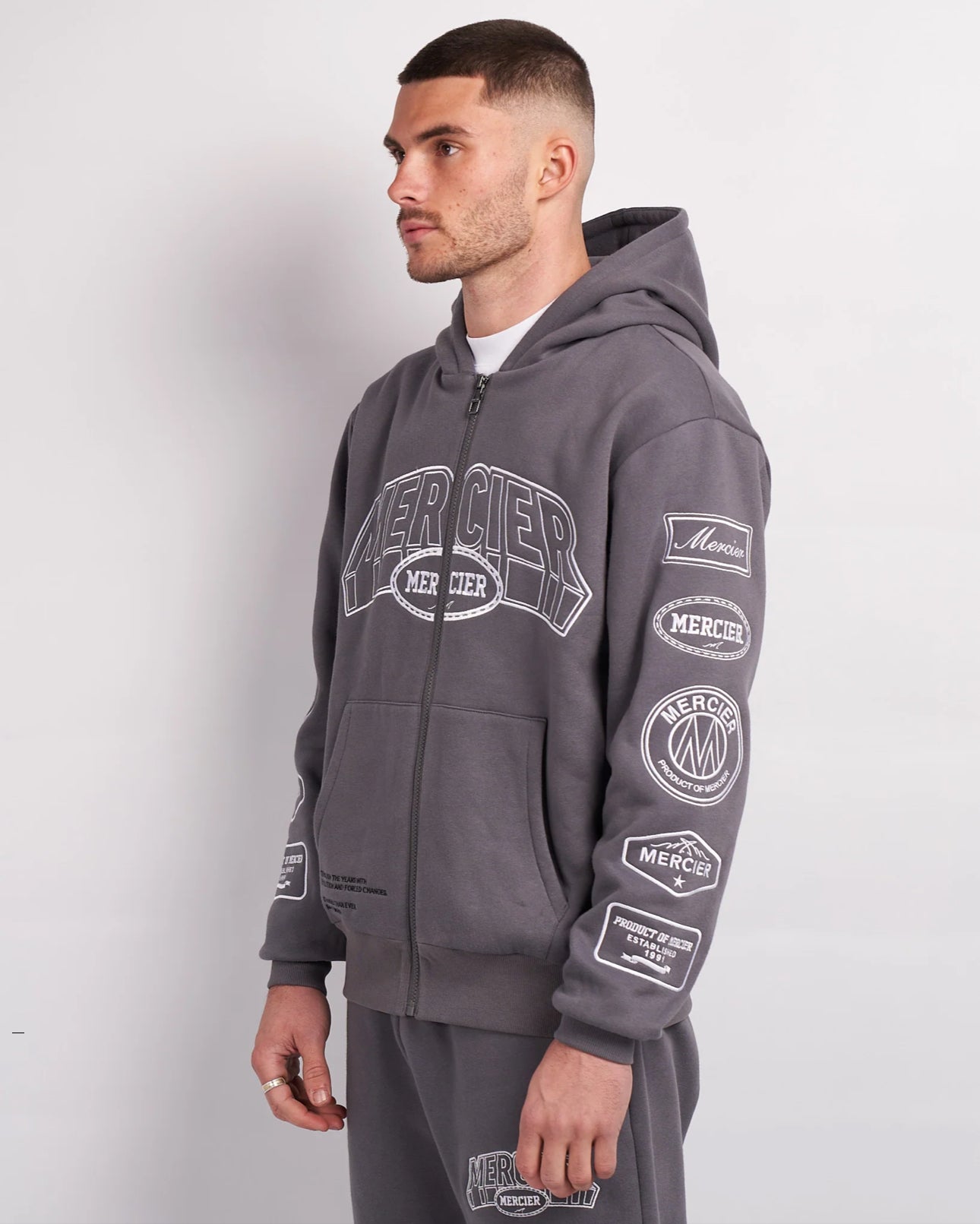 Mercier Steel Grey White Compton Zip Up Hoodie